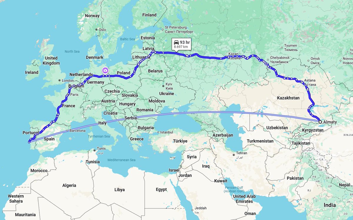 🇰🇿🚗 Just in case you're a fan of Kairat &amp; are thinking of driving to the UEFA Champions League debut in Lisbon on Thursday, you need to leave right now!

The game is now 93 hours away - which is precisely how long it takes to make the 10-country, 8,697km drive across six time