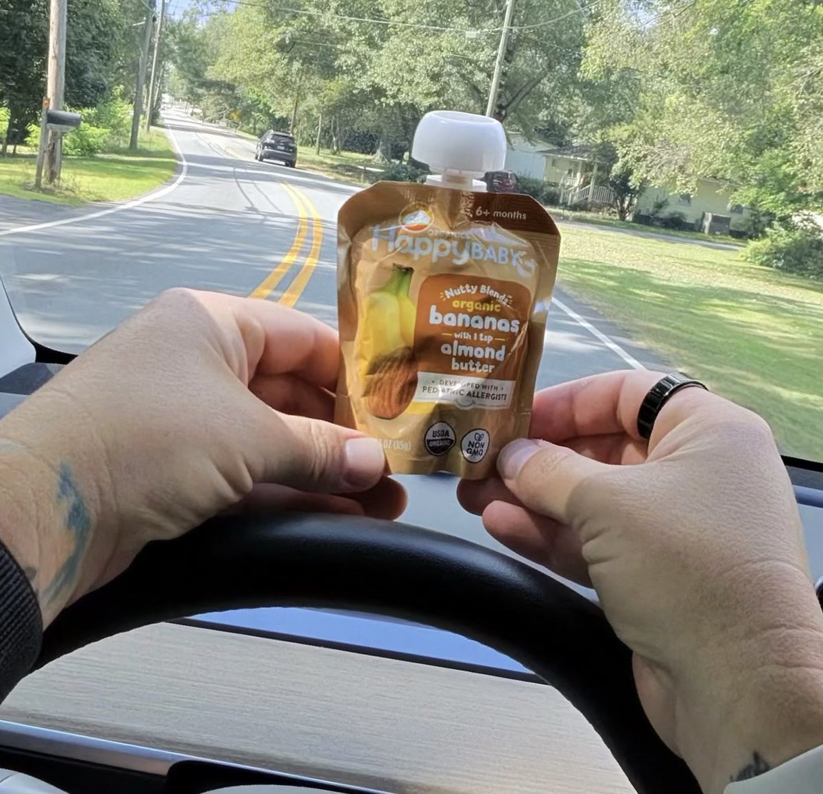 Baby food review:

Happy Baby Bananas with Almond Butter.

Me: 9/10. 
The kid: 10/10

Would recommend.