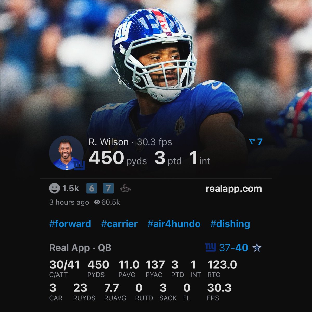 Russell Wilson today:

450 passing yards
3 passing touchdowns 
1 interception
123 rating 

Vintage Russ. People were calling for him to be benched all week and he responded with an all-time performance. An unfortunate ending though