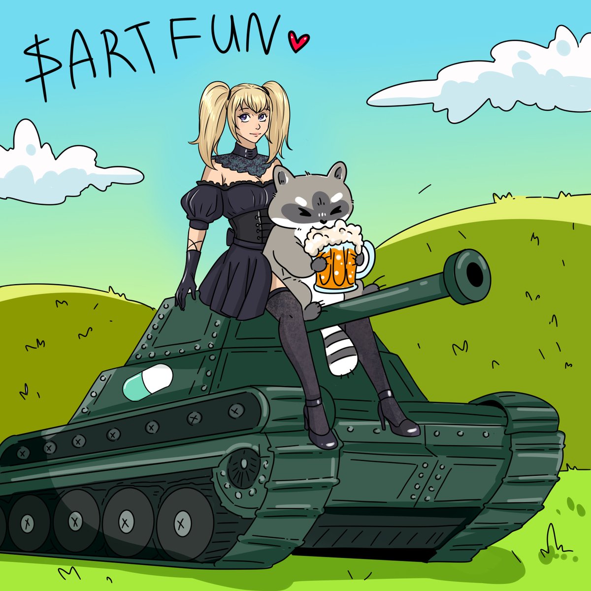 elvoxen's tweet photo. Ani is holding $Artfun, aka Artie, who is drinking beer on the PumpFun tank. Thanks to the chads who gave me that idea 🫡🥰 https://t.co/IUi39ZLW2U