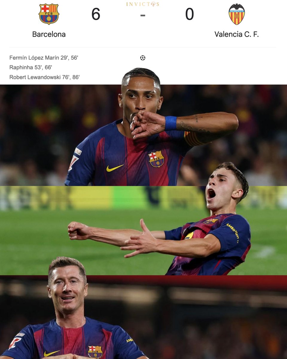 ¡¡PASEO DEL FC BARCELONA ANTE EL VALENCIA!!

✅ Doblete de Fermín López.
✅ Doblete de Raphinha. 
✅ Doblete de Robert Lewandowski.
✅ Ferran Torres asistió.
✅ Marcus Rashford asistió.
✅ Marc Casadó asistió.
✅ Marc Bernal volvió a las canchas y asistió.
✅ Pedri se divirtió a