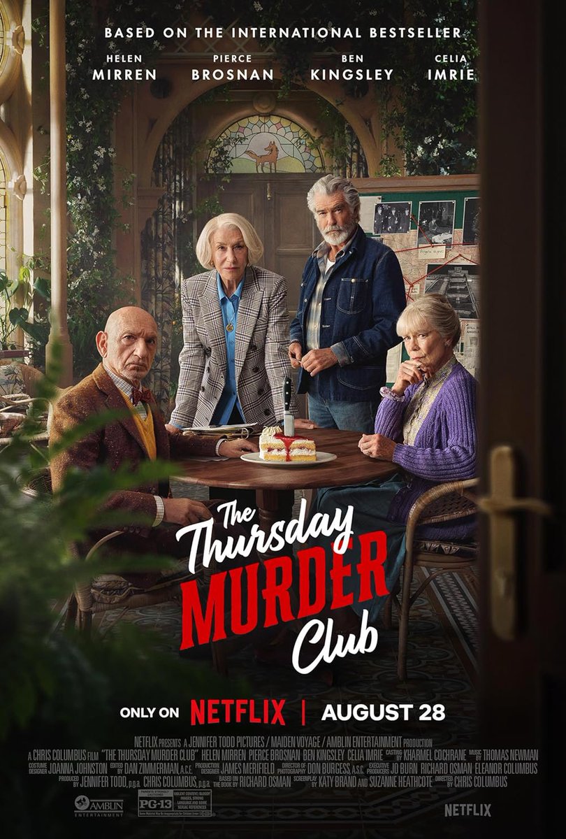 Perfect Sunday night telly !
👍📺📖⚱️🪦
#Netflix #Sunday #ThursdayMurderClub #HelenMirren #PierceBrosnan #BenKingsley #CeliaImrie #RichardOsman
