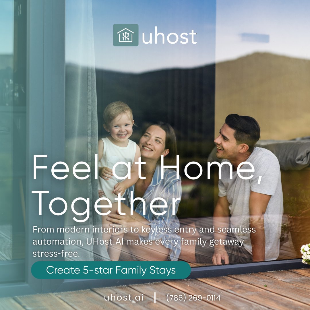 Uhost_ai's tweet image. 🌴 Create Unforgettable Family Moments with UHost AI. Hassle-free check-ins, 24/7 support &amp;amp; AI-powered management—so guests make memories while you relax. Hosting made easy.

🔑 UHost AI: The family-friendly hosting solution.

#StressFreeRentals #UhostAI #FamilyGetaways