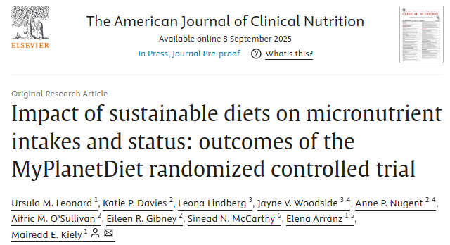1st large-scale RCT to test if a low-emission diet meets nutritional requirements revealed higher inadequacies for B2, B6, B12, iodine, calcium, zinc, selenium (despite individualized dietary counselling, daily allowance of dairy, 3 weekly servings of animal protein +2 of fish).