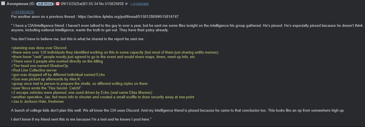 JakeCan72's tweet image. Lone gunman or coordinated op❓

🚨 Charlie Kirk Assassination — Intel Leak (4ch)

Anon claims CIA source confirms this wasn’t random:

🔹 120+ on Discord (sharing maps/times/memes)
🔹 6 core operatives tied directly to the hit
🔹 Leader codename: “ShadowOp”
🔹 Group: Red Line…