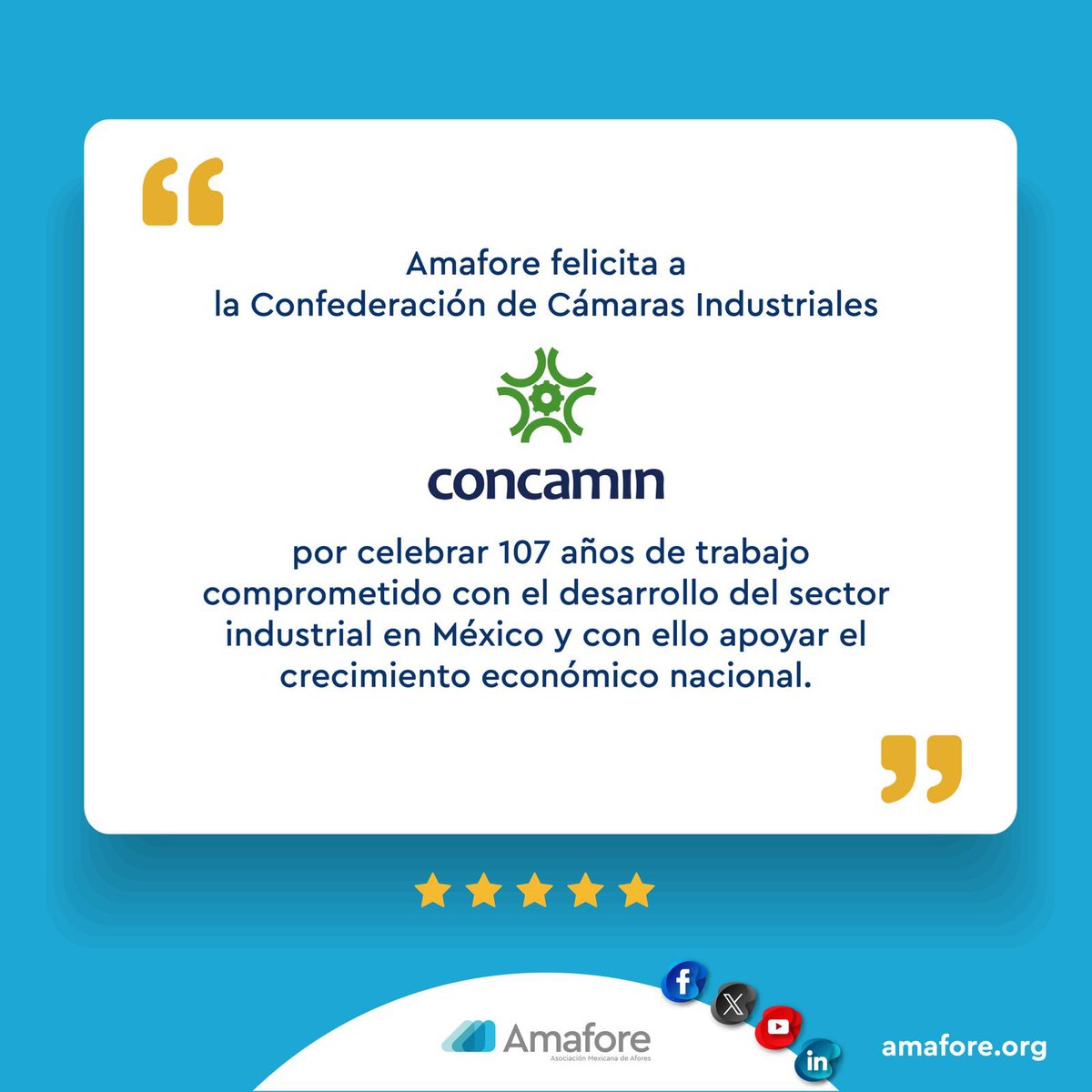 🔷 <a href="/Amafore_mx/">AMAFORE</a> felicita a la <a href="/CONCAMIN/">CONCAMIN</a> por celebrar 107 años de trabajo comprometido con el desarrollo del sector industrial en México 🇲🇽 y con ello apoyar el crecimiento económico nacional.