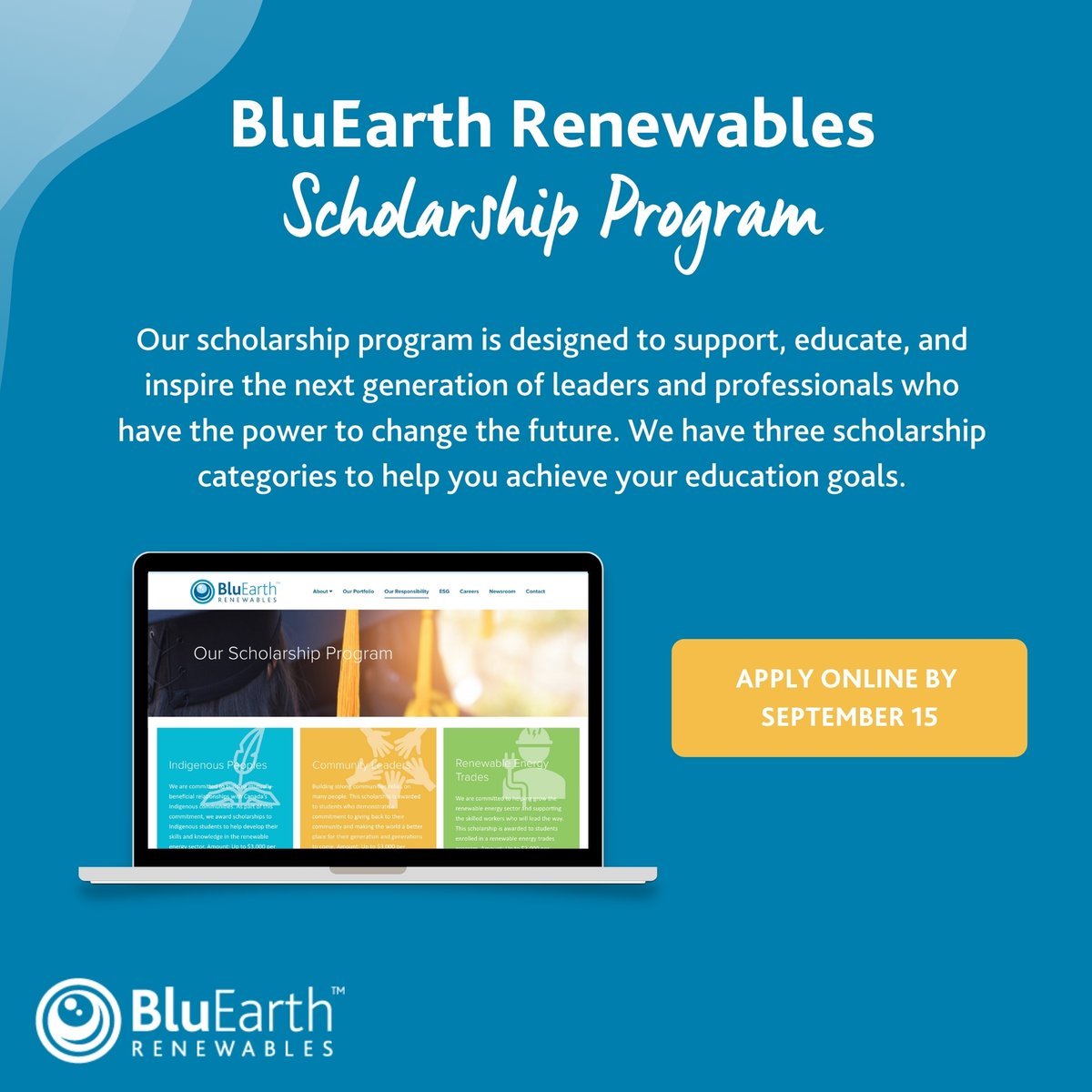 Tomorrow is the last day to apply to our scholarship program, don’t miss out! Learn more and apply online by September 15 at bluearthrenewables.com/scholarships