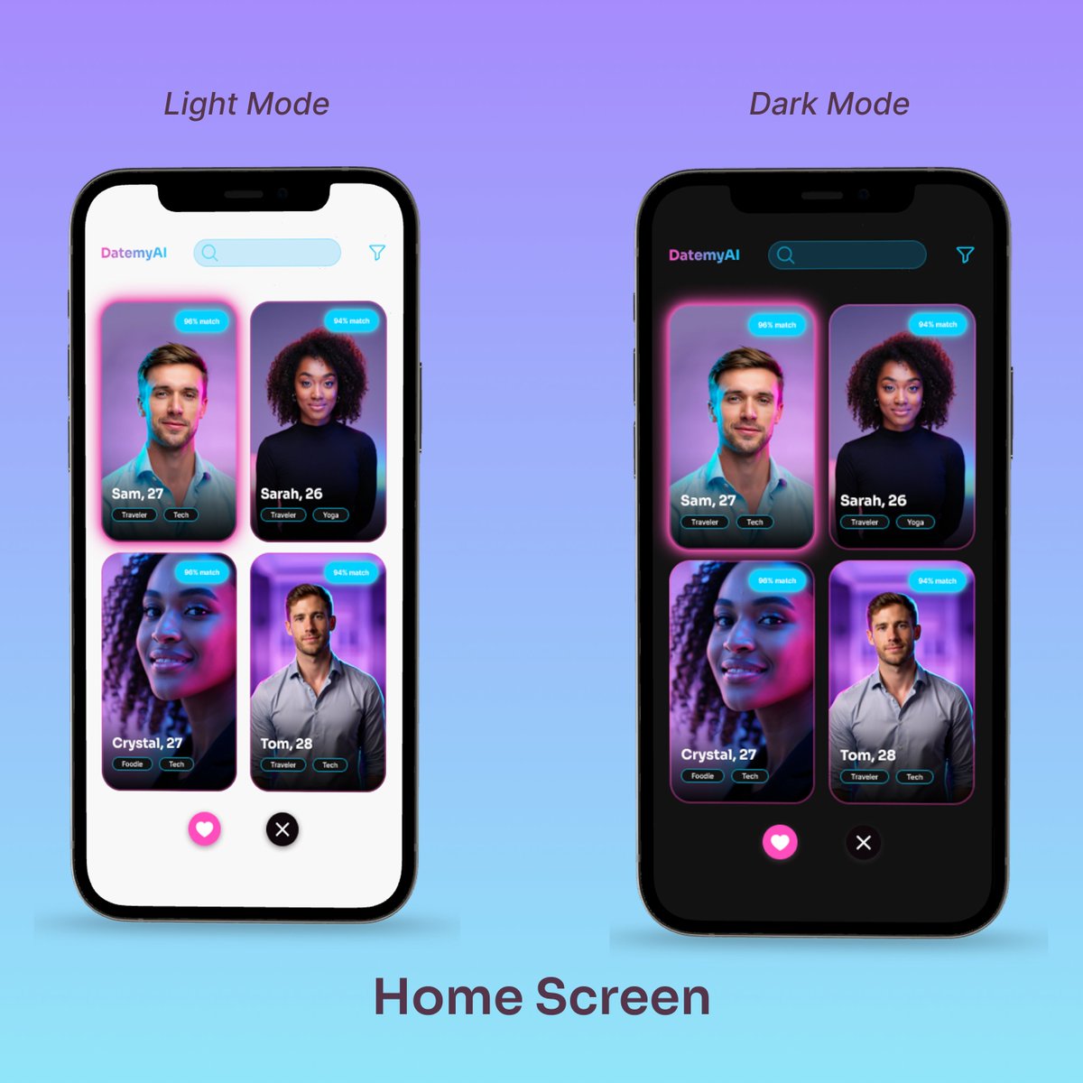 Debadassdesign's tweet photo. 'Smarter dating starts with smarter AI.'💡
Here’s my concept for DatemyAI, an AI-powered dating experience with:
Glowing futuristic aesthetic
Swipeable profiles + AI match %
Designed to feel modern, fun, and human-centered.
#DatemyAiapp https://t.co/jtUH06SBsD