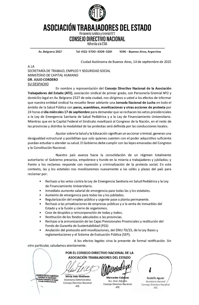 ÚLTIMO MOMENTO!!
ATE EXIGE RECHAZAR LOS VETOS Y LANZA PARO NACIONAL EN SALUD EL 17!!

LOS ESTATALES NOS MOVILIZAMOS AL CONGRESO!!

No se puede ajustar sobre la Salud y la Educación. Recortes de esta naturaleza configuran un accionar criminal. Avanzamos hacia una Argentina en la