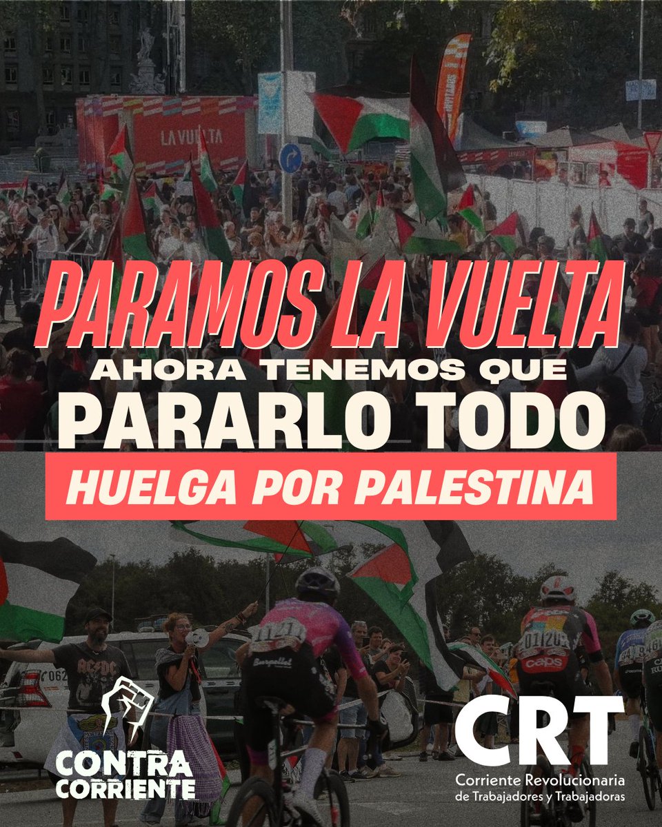 contr4corrient's tweet photo. Hoy decenas de miles paramos la vuelta ciclista en Madrid. Una victoria que demuestra que vale la pena luchar. Ahora tenemos que pararlo todo. Construyamos una gran huelga por Palestina que pare el estado y rompa la complicidad de nuestro gobierno. Por una Palestina libre✊🏽 https://t.co/eLKBDy5jxo