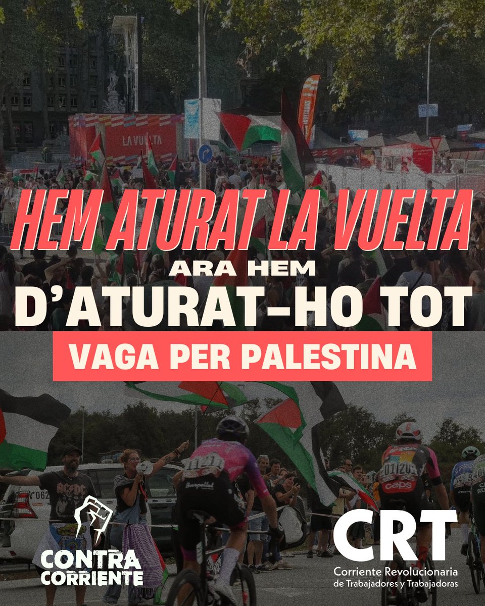 Hoy decenas de miles paramos la vuelta ciclista en Madrid. Una victoria que demuestra que vale la pena luchar. Ahora tenemos que pararlo todo. Construyamos una gran huelga por Palestina que pare el estado y rompa la complicidad de nuestro gobierno. Por una Palestina libre✊🏽