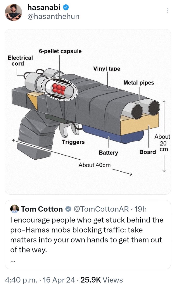 Anarseldain's tweet image. Since Hasan wants to claim that the clip, in which he told his 100ks of Twitch followers to go murder people, was “out of context,” I just wanted to remind everyone that Hasan called for the assassination of @TomCottonAR to his roughly 1 million followers.