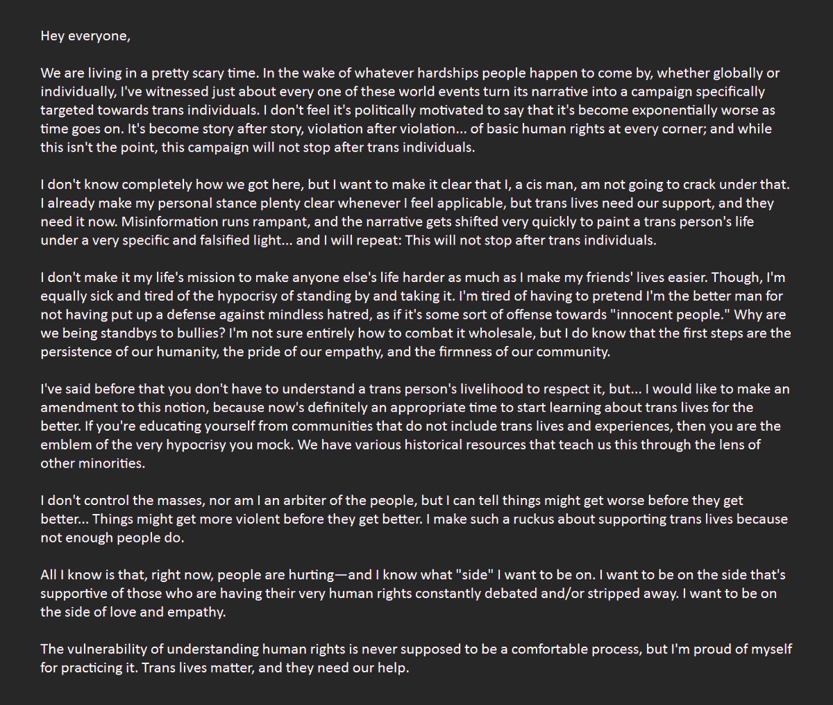 VAMcKnight's tweet image. Twitter&apos;s a shithole, but I&apos;m posting this here, too.

Trans lives need our help, and now is the time to be really fucking vocal about it.