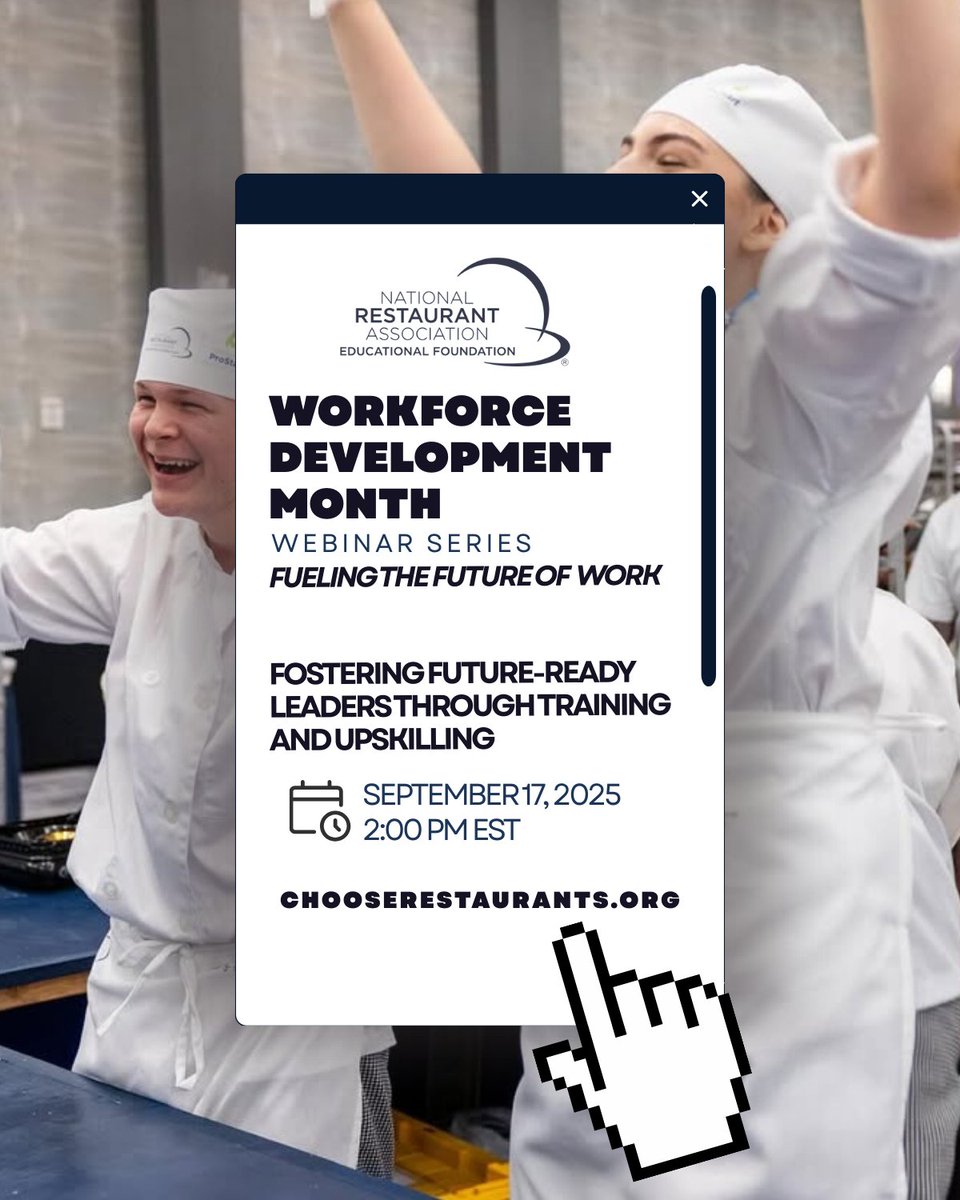 WeRRestaurants's tweet image. Future-ready leaders start here! Join @NRAEF Sept. 17 at 2 PM ET for a free #WorkforceDevelopmentMonth webinar on how training &amp;amp; upskilling – from @prostartprogram + JumpStart to apprenticeships &amp;amp; scholarships – are shaping restaurant careers: bit.ly/3Kk9tBZ
