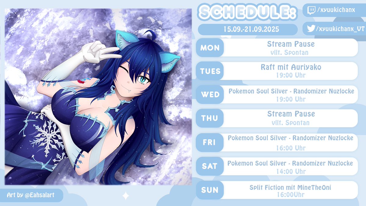 Nächste Woche wieder geballte POWER! 
Dienstag Raft Collab mit der lieben <a href="/AuriyakoVT/">Auriyako🌱VT</a>  
Wir schaffen es bevor unsere letzte Collab 1 Jahr her ist!

UND SPLITFICTION mit der lieben <a href="/oni_mine/">MineTheOni 🌸 || Debut Loading</a> !!
Ich freu mich! Chaos Duo wird!!
#GERVtuber