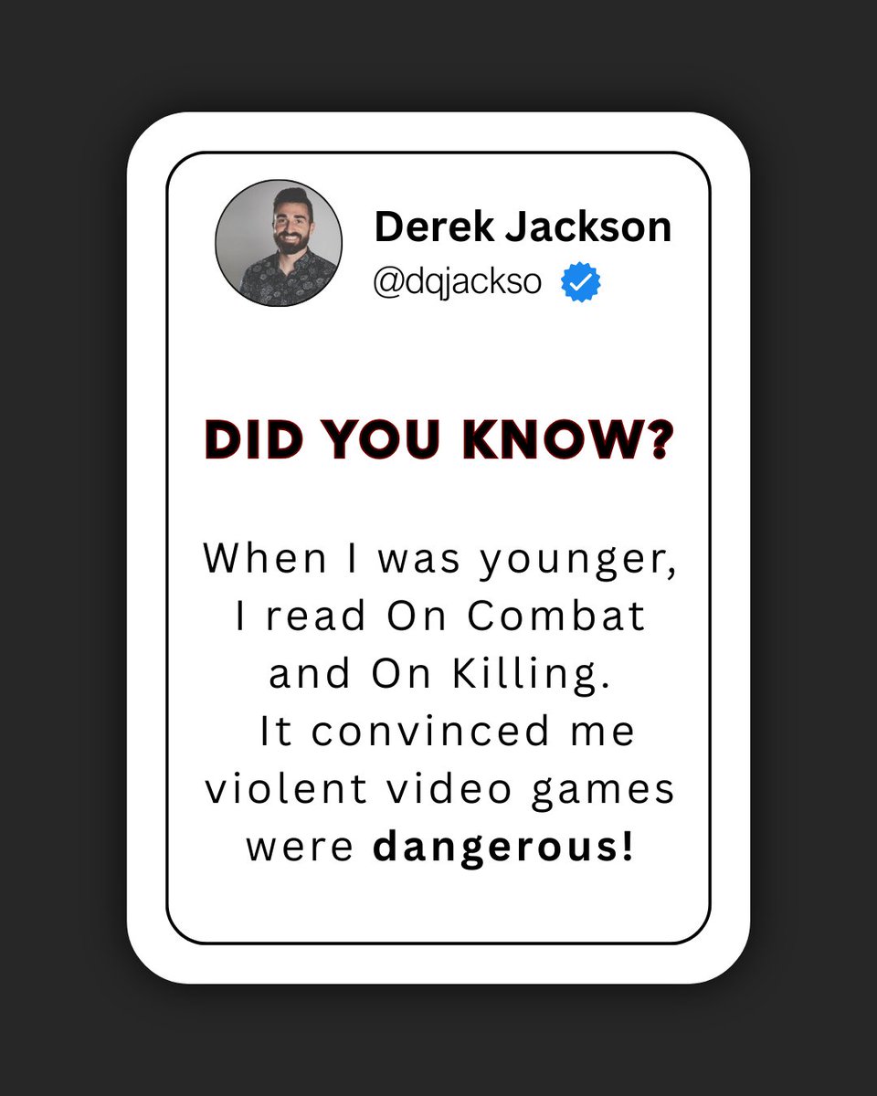 dqjackso's tweet photo. When I was younger, I devoured On Combat and On Killing. I read about the psychology of violence, about how exposure could desensitize people. I came away believing violent video games were dangerous—shaping aggression, dulling empathy, creating risk. https://t.co/dwGFWkxUJl