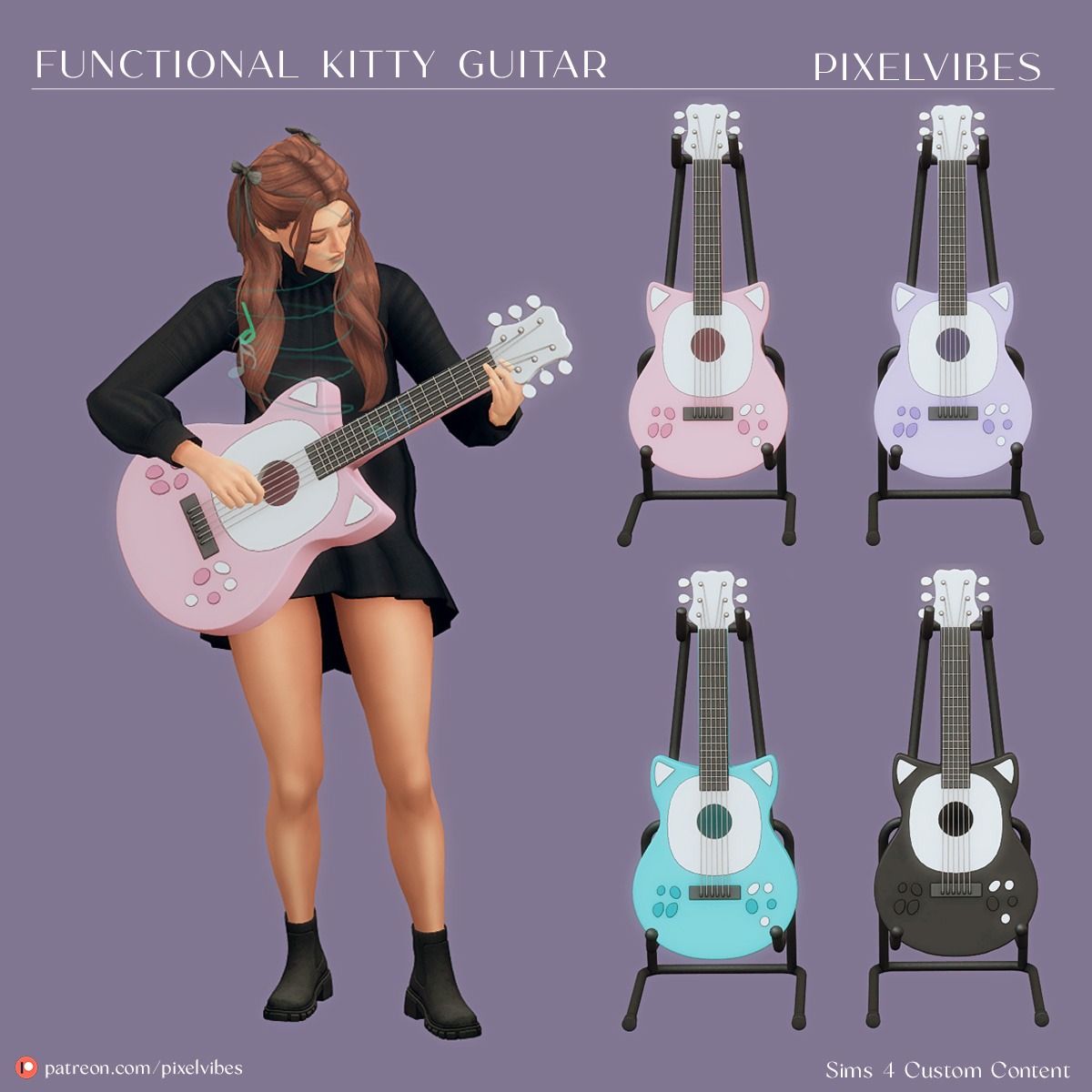 Functional Kitty Guitar - at patreon.com/pixelvibes #Sims4 #sims4cc #TS4 #ts4cc #thesims4 #TheSims #guitar #sims #kitty  #sims #cute #music #s4cc #sims