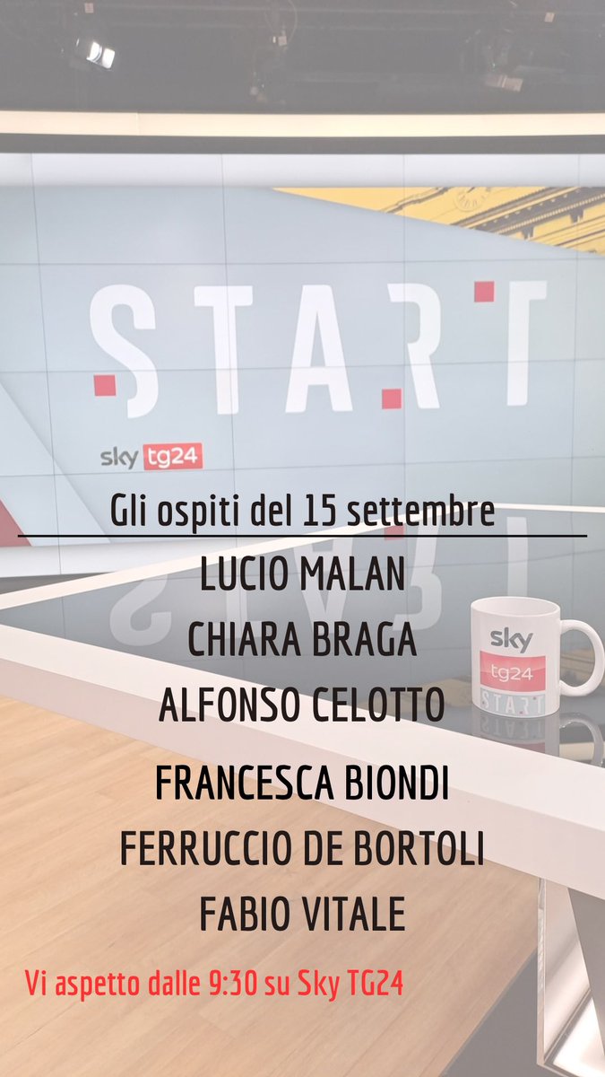Cari amici domani a #START nuova settimana e iniziamo con <a href="/LucioMalan/">Lucio Malan</a> <a href="/bragachiara/">Chiara Braga</a> <a href="/AlfonsoCelotto/">Alfonso Celotto</a> Francesca #biondi <a href="/DeBortoliF/">Ferruccio de Bortoli</a> e il nostro nuovo <a href="/vitale_f/">Fabio Vitale</a> con cui vi annunceremo delle importanti novità. Vi aspetto come sempre dalle 9:30 su <a href="/SkyTG24/">Sky tg24</a>