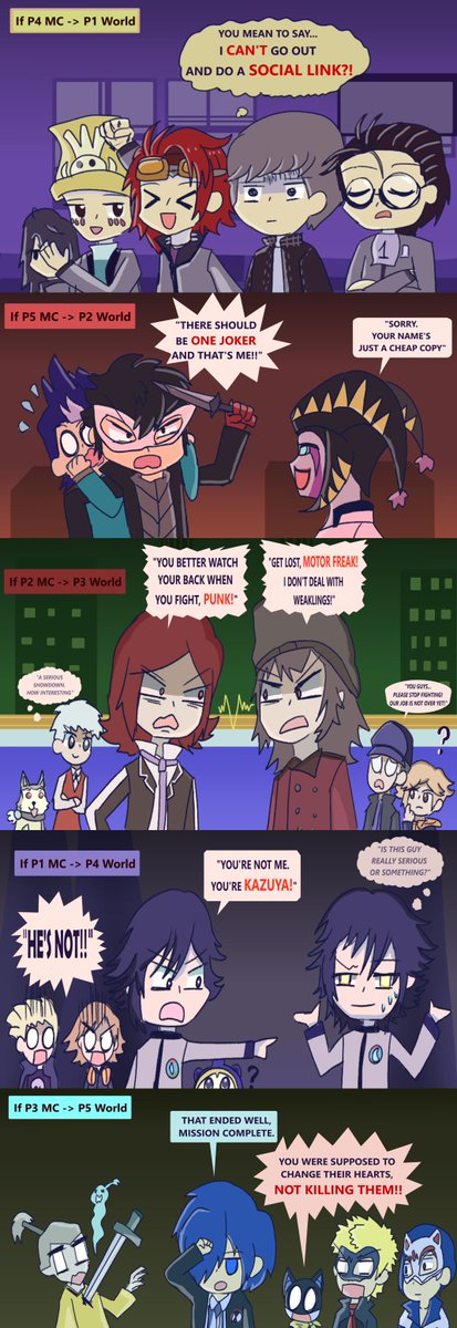 KaileyKings's tweet photo. What if Persona MCs swap their Role #Persona  #fanart #doodle  #Persona1 #Persona2 #Persona3 #Persona4Golden #Persona5 #comic #personaart https://t.co/FB7UI4IYbl