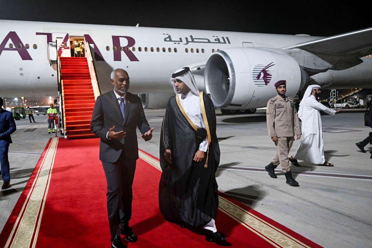 His Excellency President Dr <a href="/MMuizzu/">Dr Mohamed Muizzu</a> arrives in the State of Qatar to participate in the Emergency Arab-Islamic Summit, convened in response to the Israeli attack of September 9 in Doha. 

The President is set to deliver a statement at the Summit, joining fellow OIC Member States