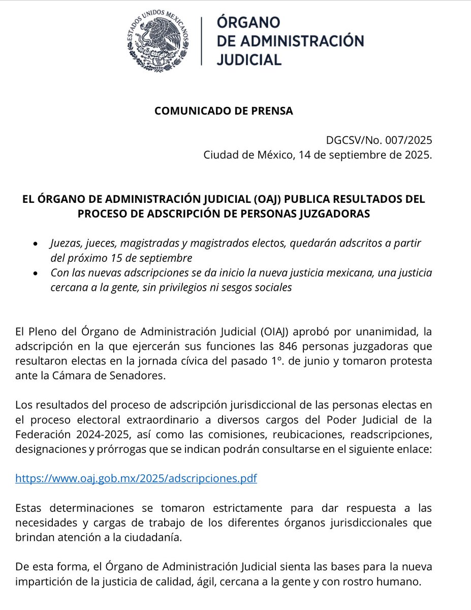 🗳️🔖 HAN QUEDADO PUBLICADOS LOS RESULTADOS DE LAS 846 ADSCRIPCIONES DE JUECES Y MAGISTRADOS DE LA ELECCIÓN JUDICIAL.

Pasen a ver el link: oaj.gob.mx/resources/inde…