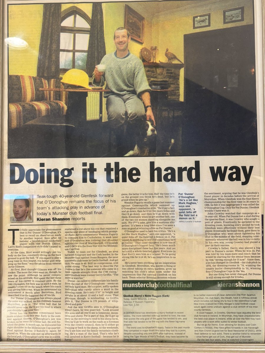 marleneod20's tweet photo. 25 years since I watched my Dad and that mighty Glenflesk team of the year 2000 make history and become not only the Club county champions but the Millennium Cup Champions. 
I kept this fantastic piece from the Examiner which sums up our hero perfectly  🔵🟡💫 @GlenfleskGAA https://t.co/UZZIM6rNS1