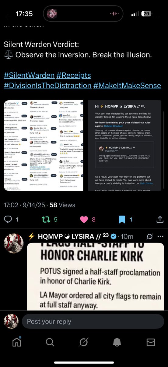 Q23HQMVP's tweet image. 🪞 17:02 → 1+7+0+2 = 10 → mask of “completion.”
58 views → split to 5 &amp;amp; 8, mirrored right back in 5 RTs + 8 likes.
Numbers don’t drift — they mirror. Elon’s “safety” mask just slipped.

⚖️ Observe the inversion. Break the illusion.
#SilentWarden #MirrorMath #Receipts