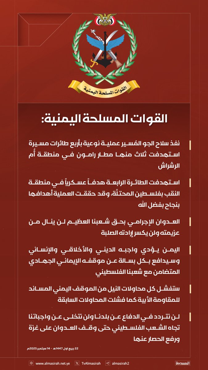 🟥 بيان القوات المسلحة اليمنية بشأن عملية نوعية بأربع طائرات مسيرة استهدفت ثلاث طائرات منها مطار رامون في منطقة أُم الرشراش  22-03-1447هـ 14-09-2025م

#ثابتون_مع_غزة 
#يمن_الواثقين_بالله