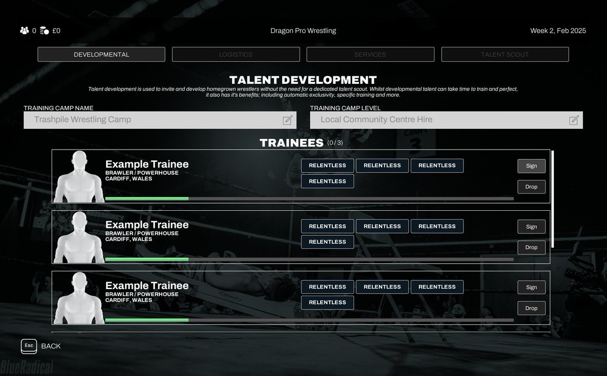 MainEventGame's tweet image. Here&apos;s the rebuild of the talent development screen. Here you can manage your training facility, check on trainees, and sign developmental talent. 

Sorry it&apos;s been a little time since my last post! Back into a routine on development #MainEventGame 👊