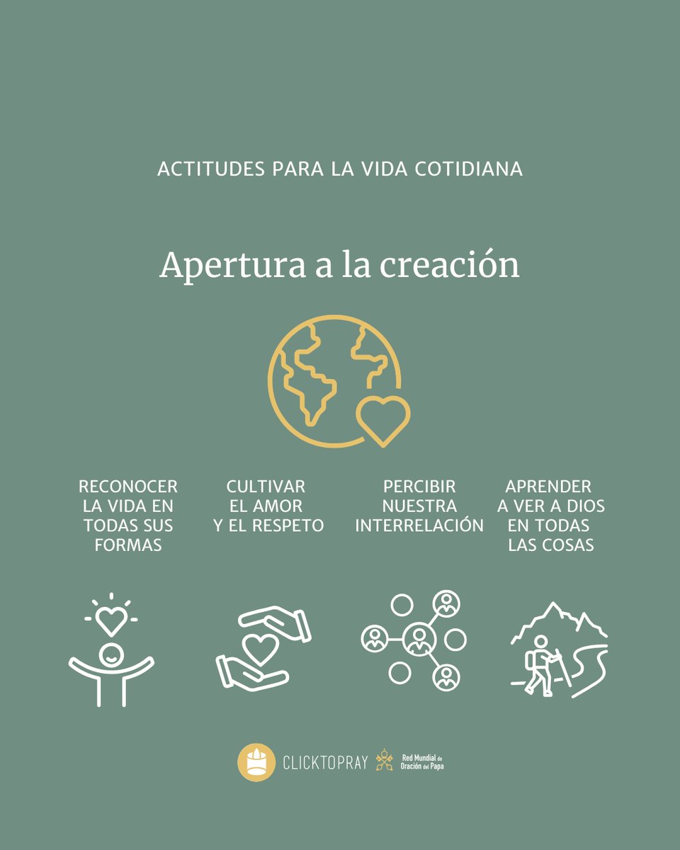 clicktopray_es's tweet image. ➡️Actitudes para la vida cotidiana: te presentamos la propuesta para esta semana. 

🙏Oremos juntos cada día en #ClickToPray: 🔗 clicktopray.org/monthly

#CasaComun #SanFranciscoAsis #LaudatoSi #TiempodelaCreación
#ElVideoDelPapa 

@vaticanIHD_ES