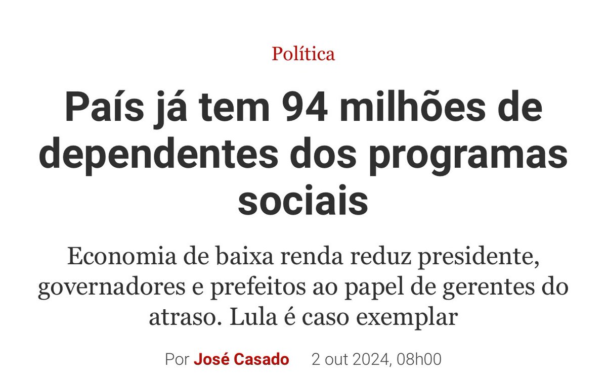 🚨 Mais de 94 milhões de brasileiros dependem de programas sociais.
Isso significa 44% da população!