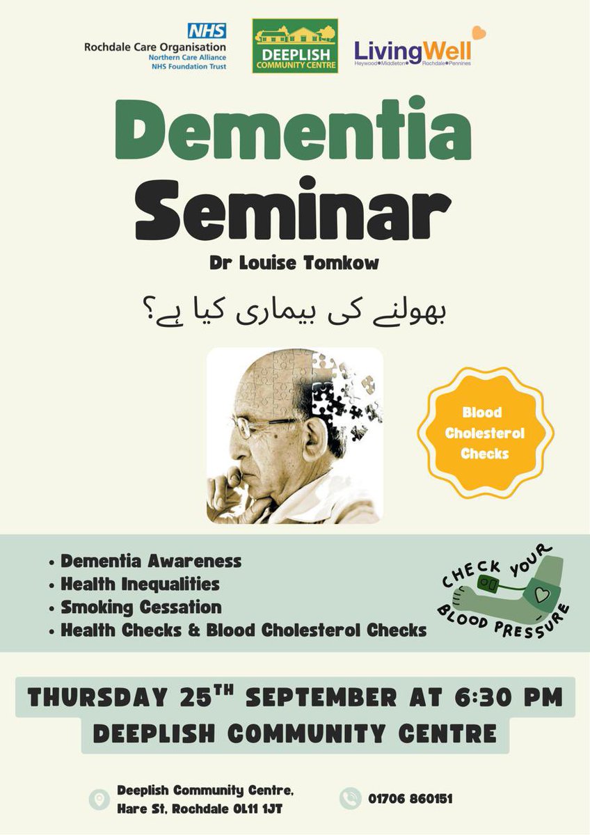 Deeplish C C (@deeplishcc) on Twitter photo Here's a possible tweet:
"Join us at <a href="/deeplishcc/">Deeplish C C</a> on 25th Sept at 6:30pm for a dementia seminar led by Dr Louise Tomkow! Health checks, Blood cholesterol & BP checks, Smoking cessation with pharmacists & living well experts on board <a href="/WeActTogether/">Action Together</a> <a href="/RochdaleCouncil/">Rochdale Borough Council</a> Here's a possible tweet:
"Join us at <a href="/deeplishcc/">Deeplish C C</a> on 25th Sept at 6:30pm for a dementia seminar led by Dr Louise Tomkow! Health checks, Blood cholesterol & BP checks, Smoking cessation with pharmacists & living well experts on board <a href="/WeActTogether/">Action Together</a> <a href="/RochdaleCouncil/">Rochdale Borough Council</a>
