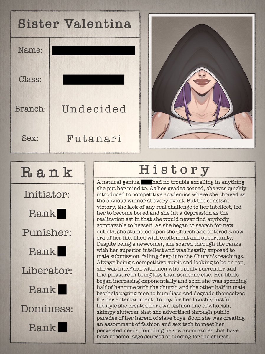 MotherAsmora's tweet photo. REDACTED Character Dossier (unredacted on my Patreon ^^) Sister Valentina~
#charactersheet #characterdossier #dossier #nsfw #nsfwtwt #nsfwcharacter https://t.co/SFMqon5M1p