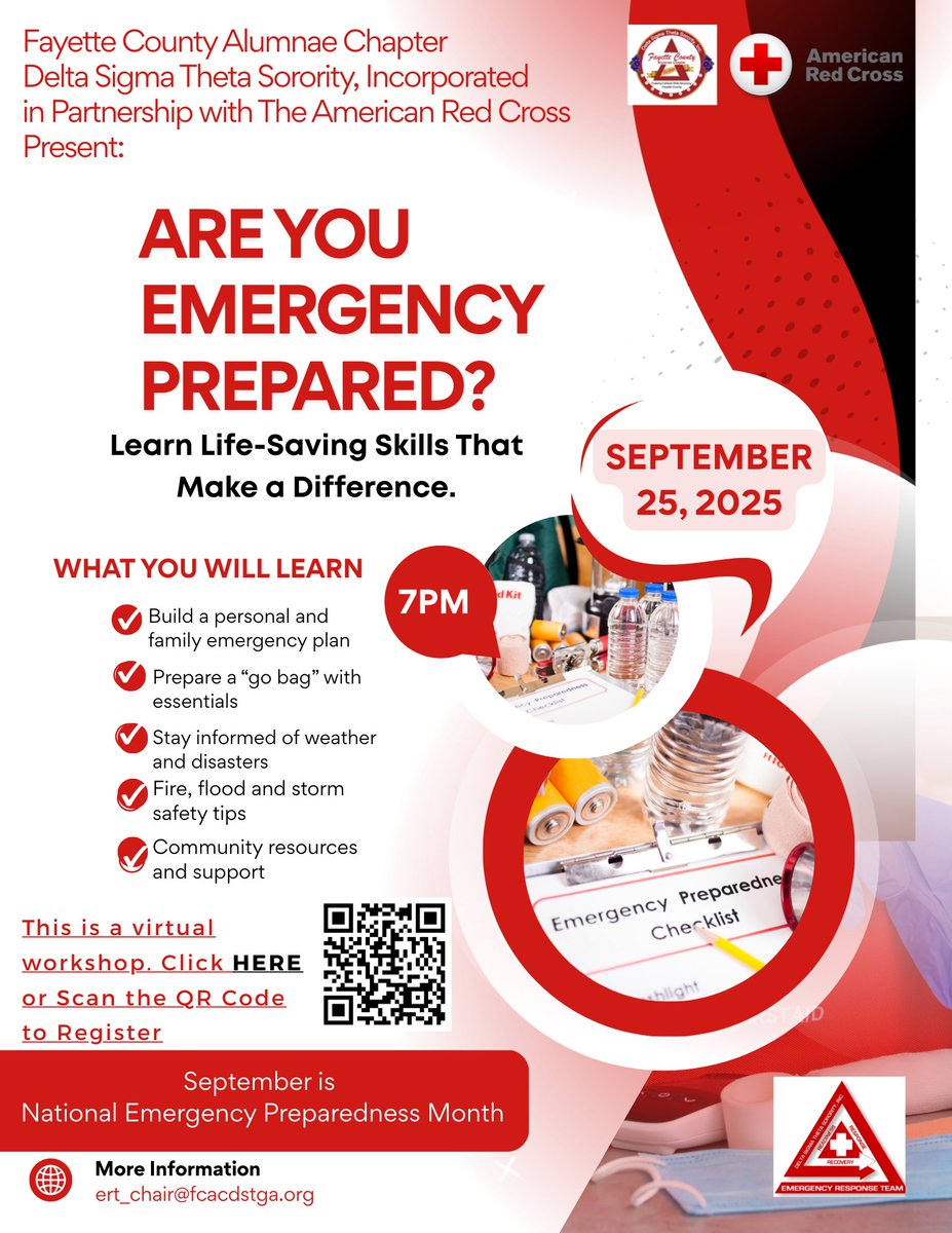 The Fayette County Alumnae Chapter in partnership with The American Red Cross present a virtual workshop on life saving skills that can make a difference in your life. You may register using the QR code or the attached link. 
zoom.us/meeting/regist…
