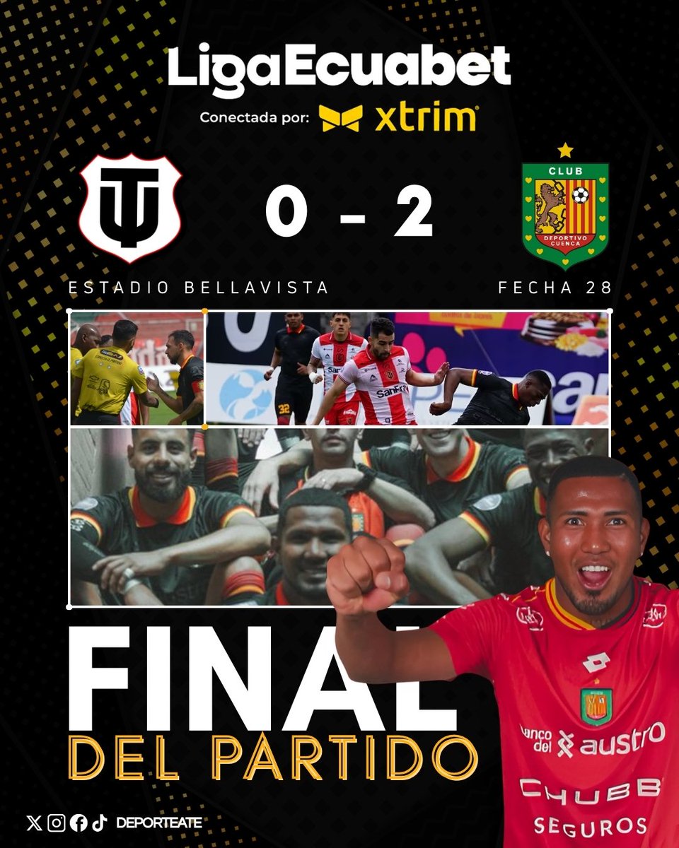 Deporteate_'s tweet photo. 🔴⚫ El Expreso Austral venció 2-0 a Técnico Universitario y escaló al cuarto lugar de la tabla bajo la dirección de Beto Araujo. 

⚽ Los goles cuencanos: Luis Estupiñán 47’ y Jorge “La Tukita” Ordóñez 90+6’. 

#ligaecuabet #deportivocuenca #técnicouniversitario #fútbol https://t.co/jJy779PAdd
