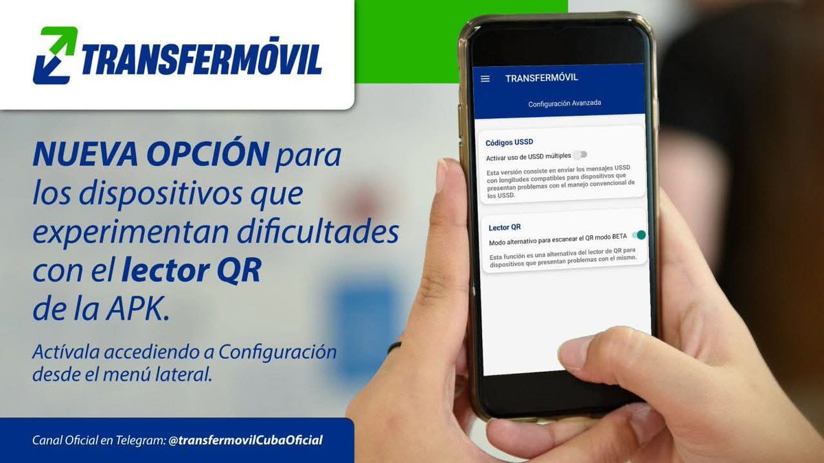 Si tiene dificultad al escanear el QR,  #Transfermovil ofrece esta opción un vez actualizada la APK.
Siga paso a paso:
-Acceda a Configuración en el Menú lateral izquierdo
-Opción: Otras Configuraciones/Ajustes avanzados
-Activar Lector QR
#EtecsaConCuba
<a href="/taniavel76/">Tania Velazquez</a>
<a href="/MayraArevich/">Mayra Arevich Marín 🇨🇺</a>