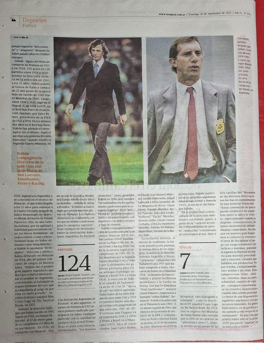 Gran nota en <a href="/tiempoarg/">Tiempo Argentino</a> sobre Guillermo Stábile, gloria de nuestro fútbol, goleador del 1er Mundial y exitosísimo DT de la Selección (ganó 6 Copas América y 1 Panamericano). Fue bicampeón como jugador en Huracán (1925 y 1928) y tricampeón como DT en Racing (1949, 1950 y 1951).