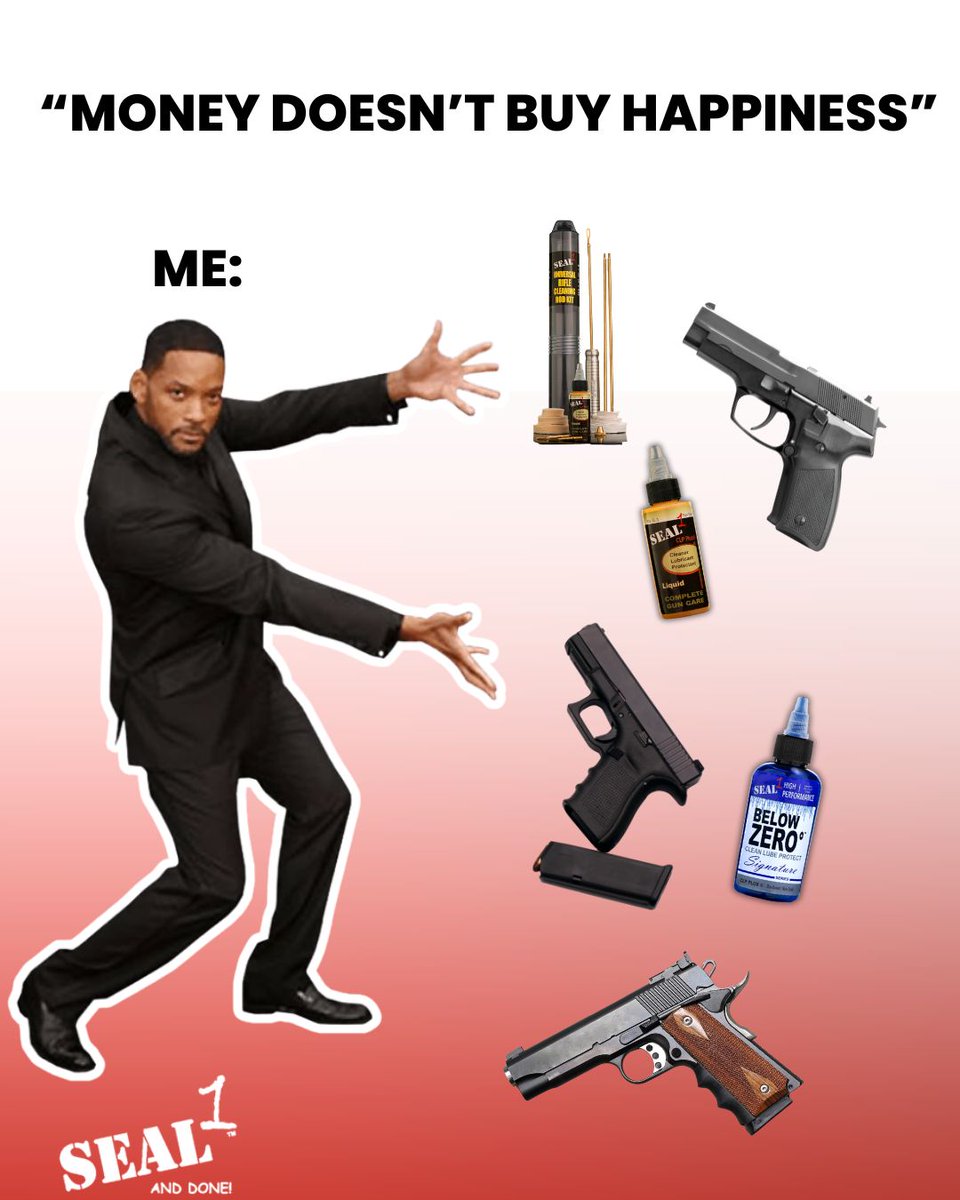 SEAL1Products's tweet image. When someone says “money can’t buy happiness”…

Me: Have you seen my guns and SEAL1 stash? 😎 

#SEAL1 #CLPPlus #GunCare #GunCleaning #FirearmMaintenance #RangeReady #VeteranOwned #EDC #TacticalGear
