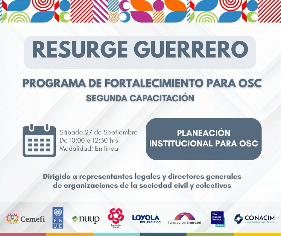 ConacimAC's tweet photo. No te pierdas el próximo curso del Programa Resurge Guerrero, una iniciativa creada por @Cemefi @PNUD_Mexico #FundaciónMerced #CONACIM #TheHungerProject #FomentoSocialBanamex 

Dirigido a organizaciones del estado de Guerrero. 

REGISTRO
👇🏻👇🏻👇🏻
https://t.co/JrVLB7mdfZ https://t.co/zsEFI9bAS9
