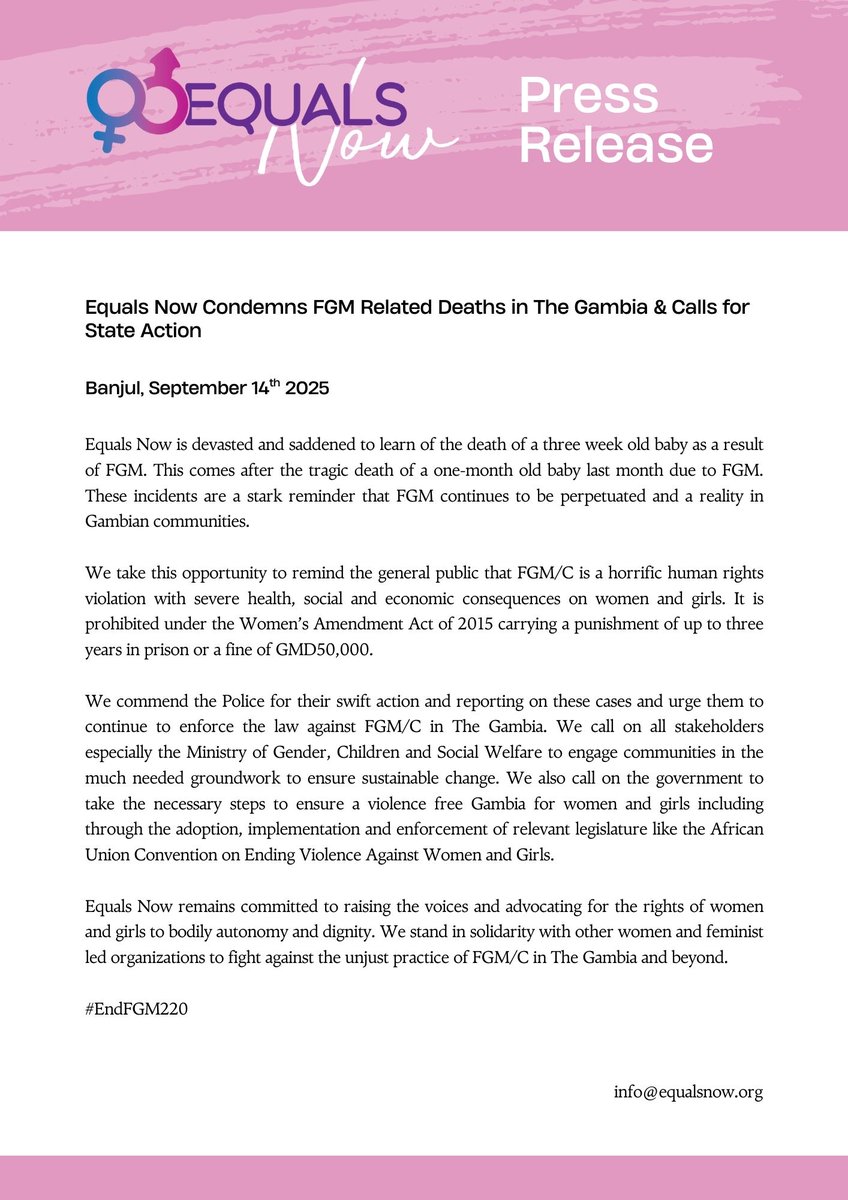 We are saddened to learn of the FGM related deaths of two infants. FGM is a human rights violation with severe consequences for women &amp; girls. As always, we stand with survivors &amp; call on the State to take relevant action to ensure a violence free world for women &amp; girls. #EndFGM