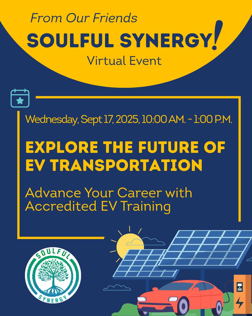 🚗⚡ EVs are a key part of New York’s clean energy future. Our partners at Soulful Synergy are offering a free EV training series to teach NYers what it takes to bring charging infrastructure to our communities.

🗓 Wednesday, September 17 | 10 AM–1 PM | soulfulsynergy.org