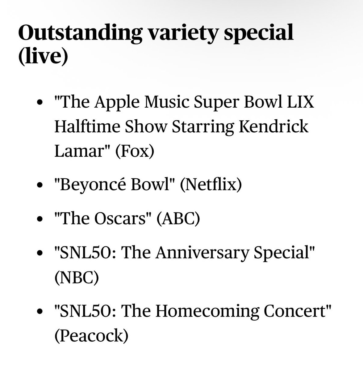 Tonight, Beyoncé and <a href="/netflix/">Netflix</a> are nominated for “Outstanding Variety Special (Live)” at the 2025 EMMYs.

Her category will be aired during the telecast. Live on CBS/Paramount+ at 8:00p ET.