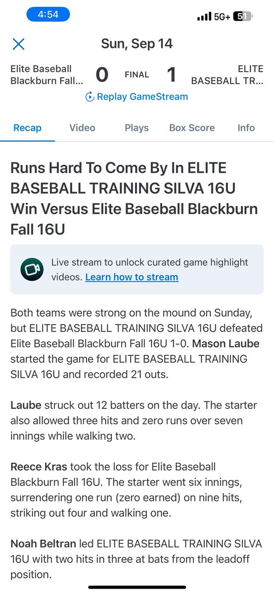 Pitched a complete game shutout today for the championship.  12 strikeouts, 2 walks, 3 hits.  Great defense behind me and a great glove to throw to! <a href="/teams_elite/">Elite Baseball Teams</a> <a href="/Elite14USilva28/">Elite Baseball Silva 2028</a> <a href="/pnhsbaseball/">Tigers Baseball</a> <a href="/bsf_pitching/">Ryan McWilliams</a>