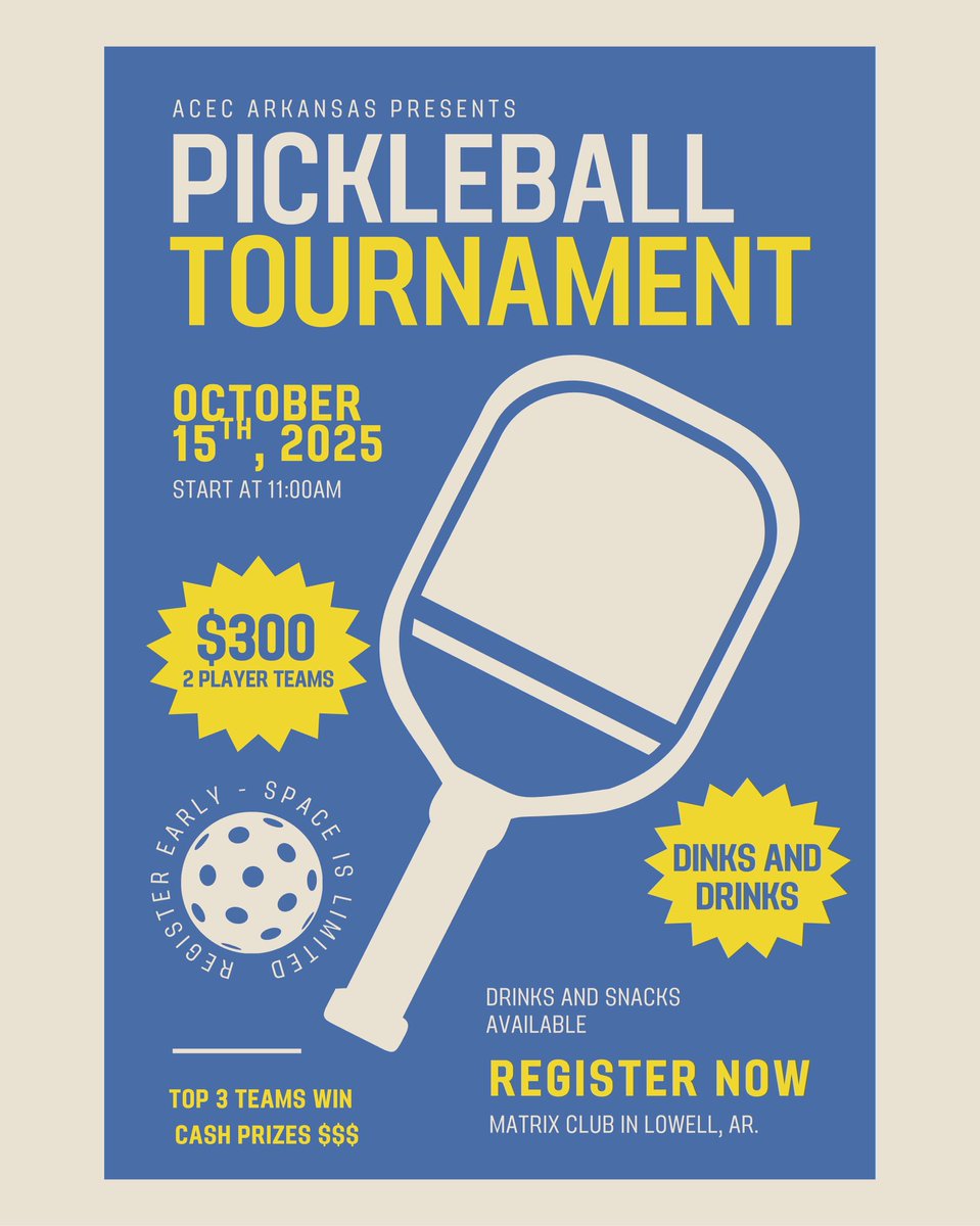 Pickleball Tournament! 🏓Teams, sponsors &amp; observers welcome! CASH prizes for Top 3 Teams 💵2-player team $300 | Sponsorships $250-$1500Free to watch 👀Register: arkansasengineers.org/no-go/pickleba…