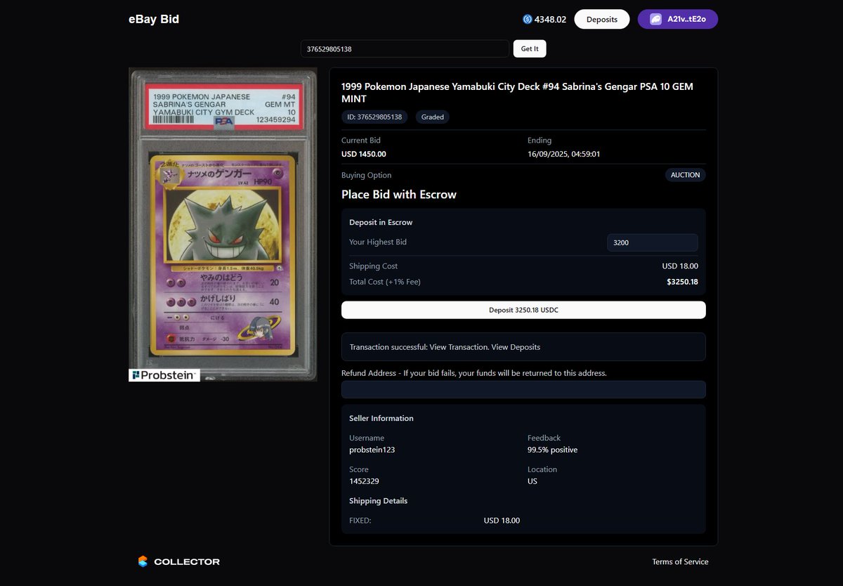 The ultimate tool for collectors, the first and only USDC ebay sniper that's completely free to use for everyone

>Enter ebay id + place max bid
>Sent straight to PSA/PWCC vaults for auth
>Automatically minted to your wallet
>Enjoy

Only possible on <a href="/Collector_Crypt/">Collector Crypt</a> $CARDS 🔥