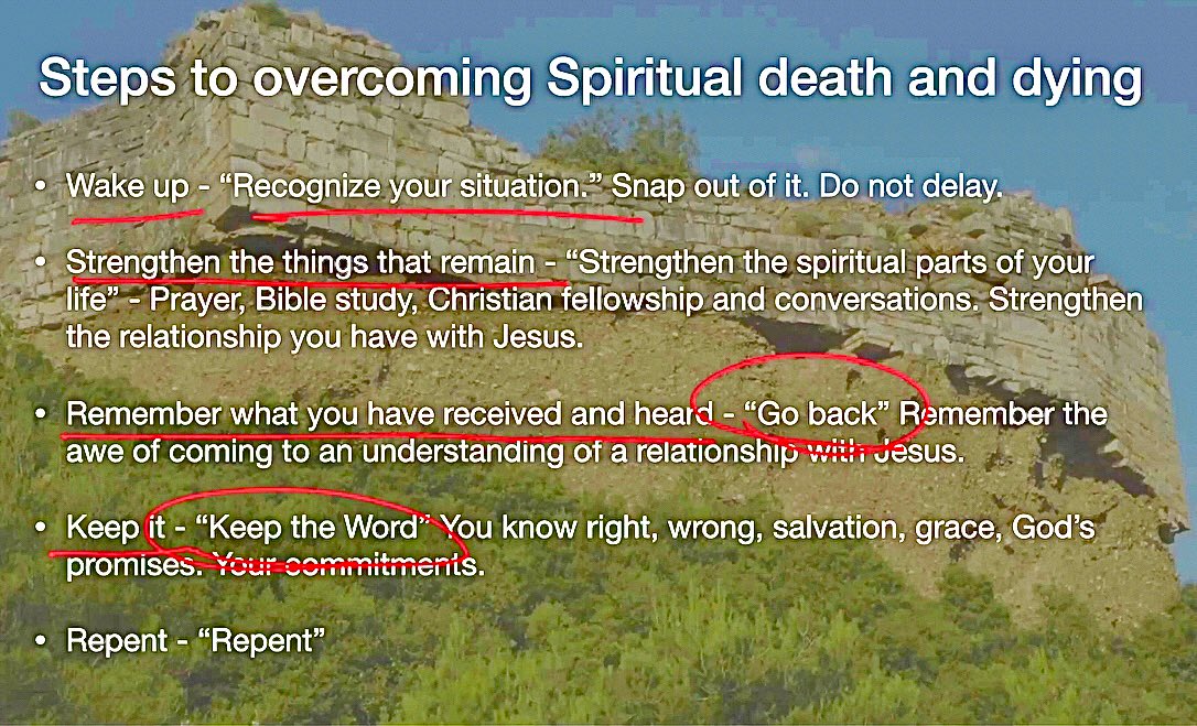 Keep an eye on your spiritual condition, so it stays vibrant &amp; alive. Don’t be a dead man walking, lulled into complacency, thinking you will thrive. The consequences? Stay pure &amp; overcome; you’ll walk w/ Him in white. Dissent, your name is blotted out, as if you’re out of sight.
