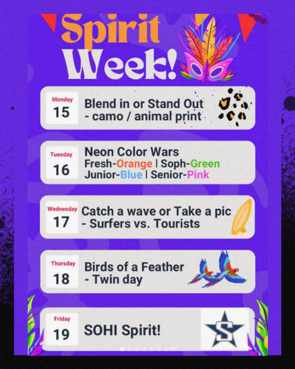 Here we go...HOCO week starts tomorrow, Monday, Sept 15! Here's our Spirit Day themes. Be sure you participate to earn points for your class! #realinrio