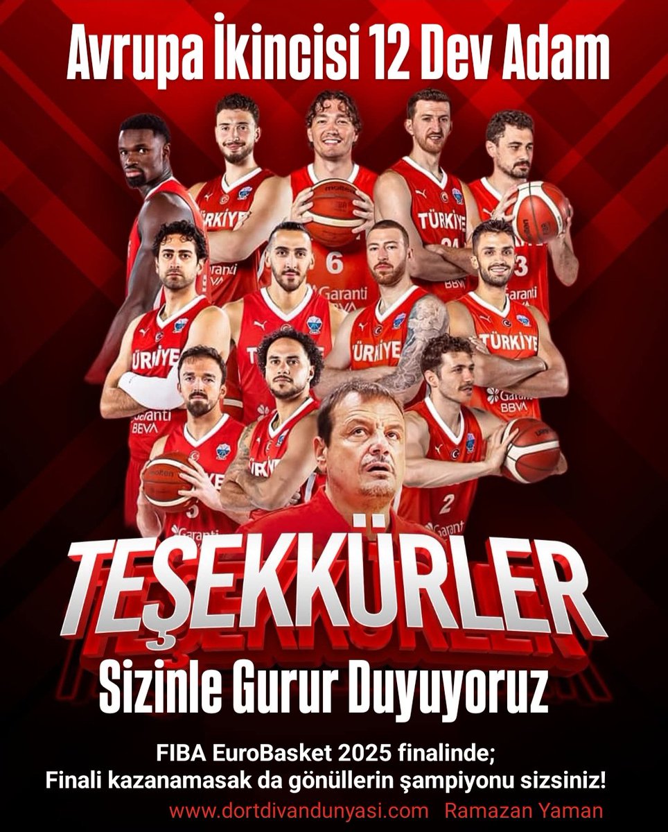 FIBA EuroBasket 2025 finalinde büyük bir mücadele ortaya koyarak ikinciliği elde eden A Milli Erkek Basketbol Takımımızı yürekten tebrik ediyoruz. Finali kazanamasak da gönüllerin şampiyonu sizsiniz! Teşekkürler #12DevAdam #türkiye #GururDuyuyoruz #EuroBasket2025