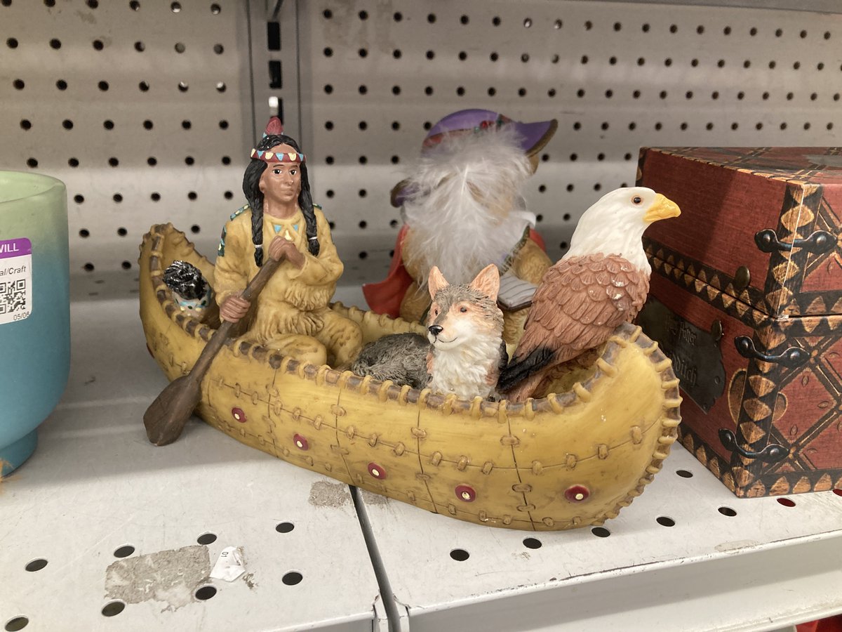 IT CRAWLED FROM THE BINS...What happens when you have not 1 but 2 animal spirit guides? Note that the eagle can bail anytime and take off. 
#goodwill #thriftstorefinds #itcrawledfromthebins #spiritguides #animalguides #birchbarkcanoe