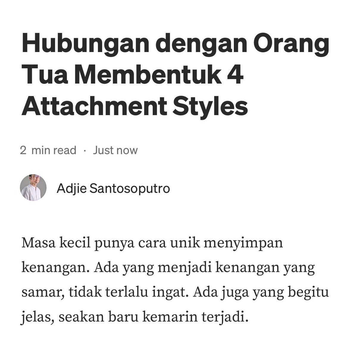 AdjieSanPutro's tweet photo. Hubungan dengan Orang Tua Membentuk 4 Attachment Styles

Penjelasannya saya tulis selengkapnya di: https://t.co/50wRIMkviu https://t.co/XMN82YRlGL